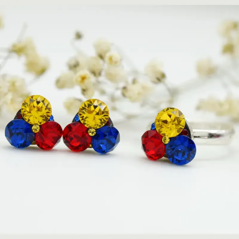 Mărgeluța din Cristal Trio Tricolor set cercei și inel argint 925