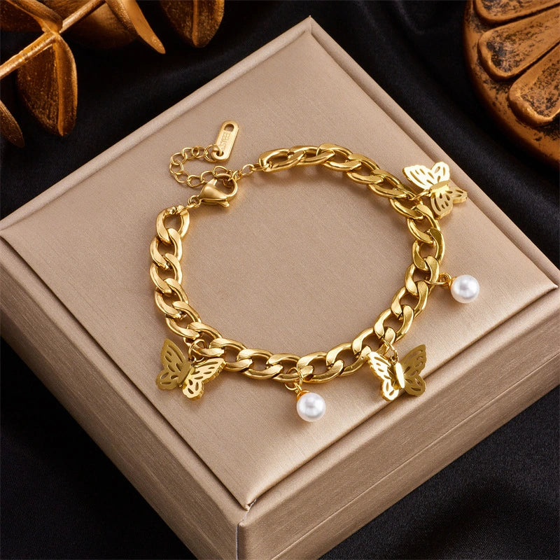 Rafini Butterfly Charm brățară placată aur 18K