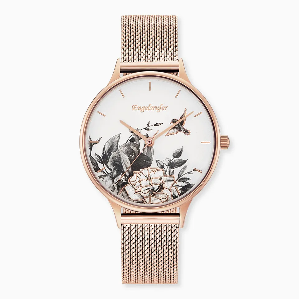 Engelsrufer Romantic Garden Blume ceas damă mesh roz-auriu