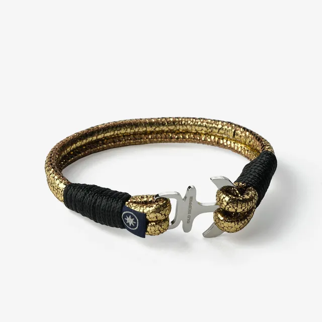 Old Skipper Golden Seas bratara piele ancora negru-auriu