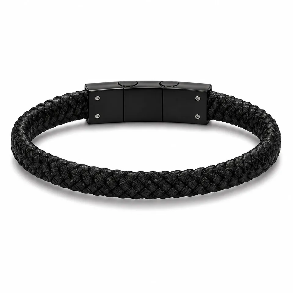 Frank 1967 bratara piele impletita neagra cu otel
