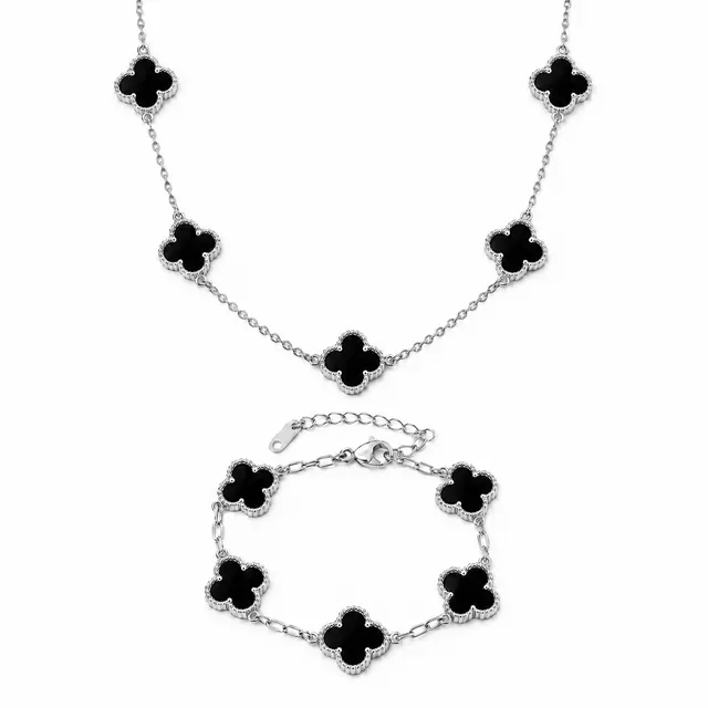 Rafini Flower Negru set colier + brățară argintiu
