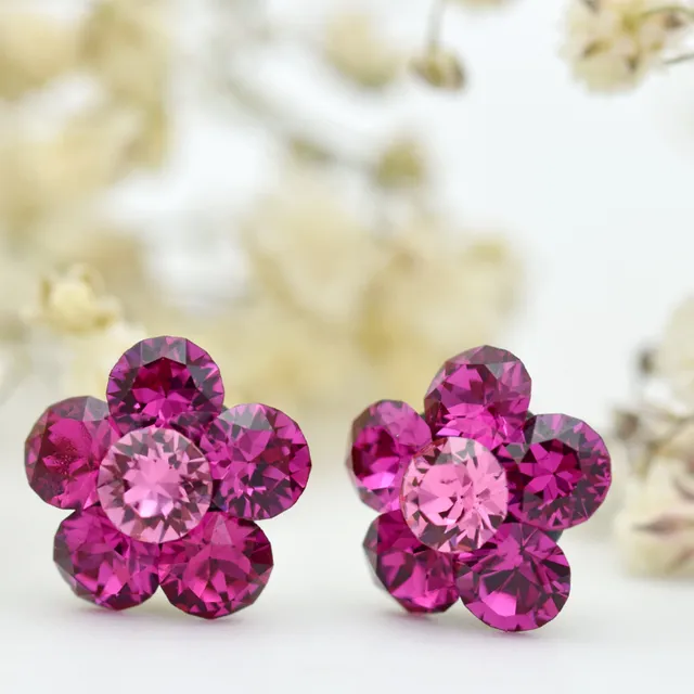 Margeluta.dincristal Mini Floricele Rose Fuchsia cercei argint 925
