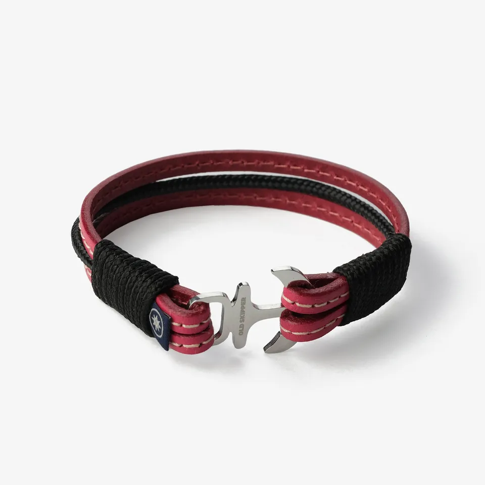 Old Skipper Twilight Symphony brățară piele ancoră fuchsia-negru cusută