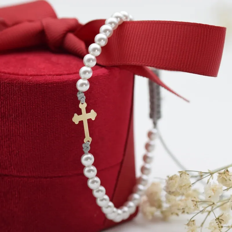 Margeluta.dincristal Cruciulita bratara perluțe aur 14k reglabila