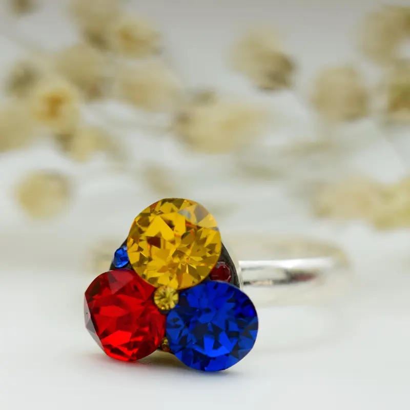 Mărgeluța din Cristal Trio Tricolor set cercei și inel argint 925