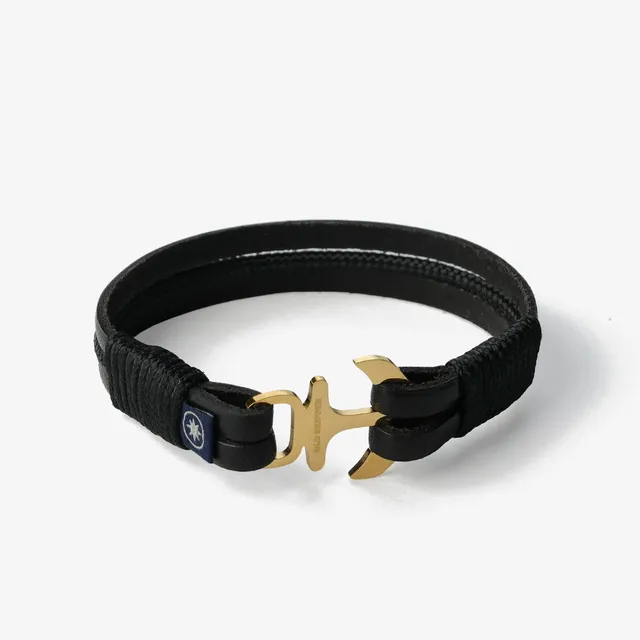 Old Skipper Jack Tar Golden Anchor bratara piele neagra aurie