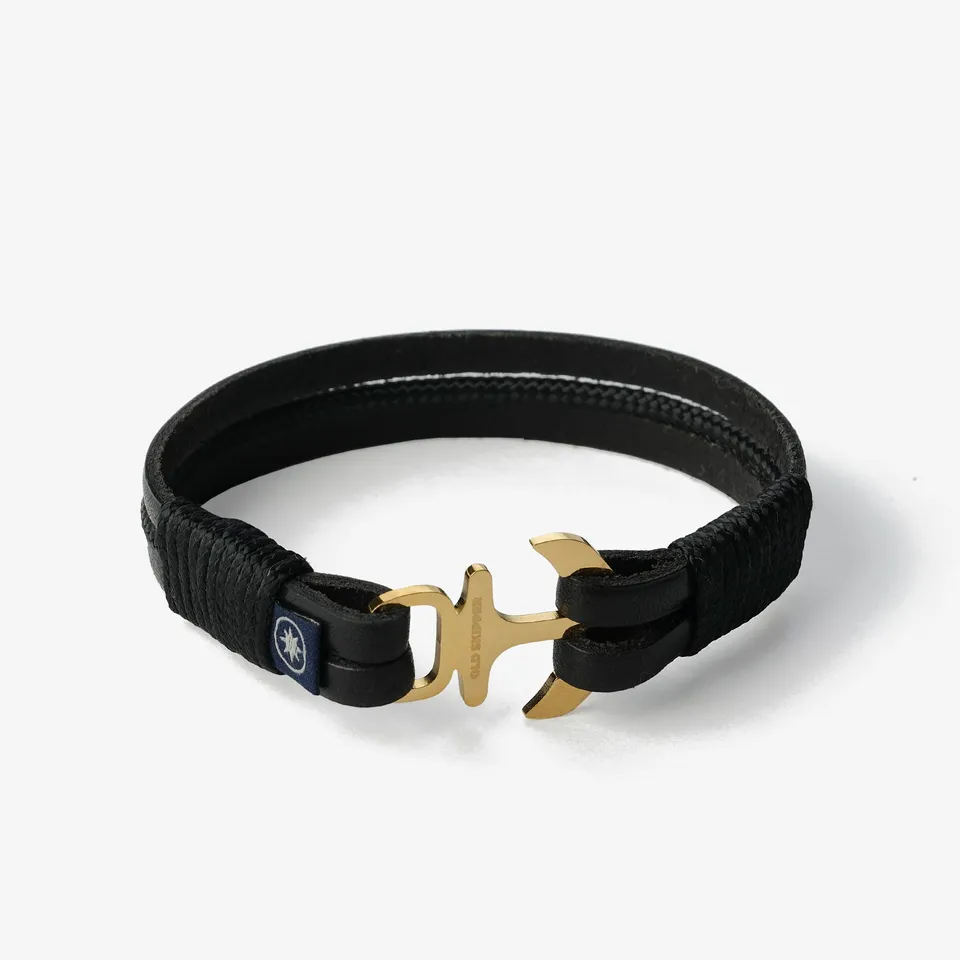 Old Skipper Jack Tar Golden Anchor bratara piele neagra aurie