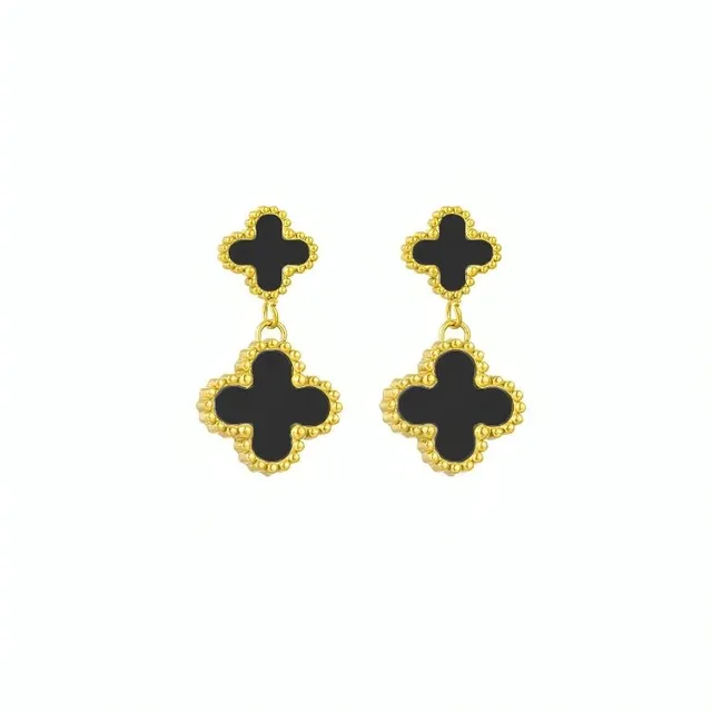 Cercei Rafini Double Clover negri placati aur 18K