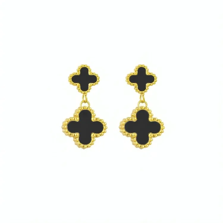 Cercei Rafini Double Clover negri placati aur 18K