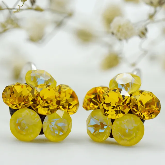 Margeluta.dincristal Chaton Flower cercei argint leverback galben