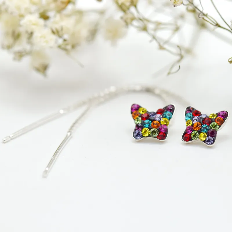 Margeluta.dincristal Mini Butterfly fluturas cercei argint multicolori