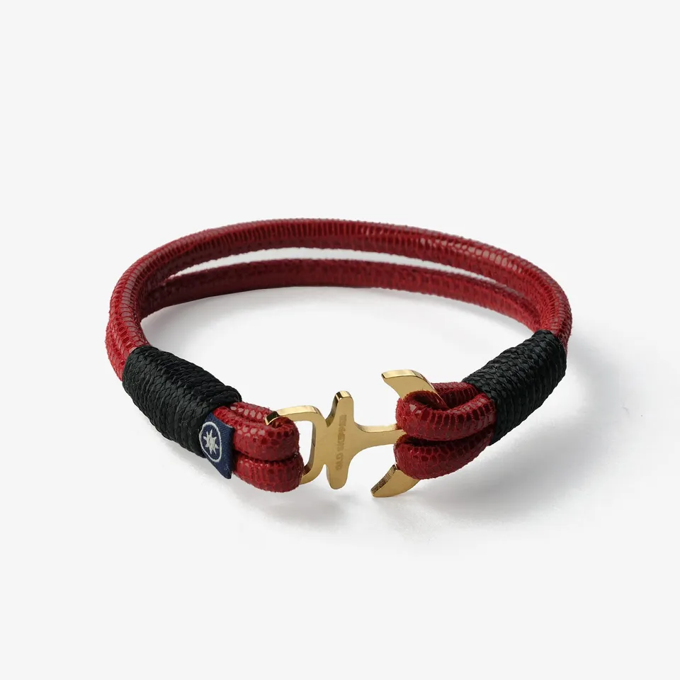 Old Skipper Dark Red Horizon brățară piele ancoră aurie