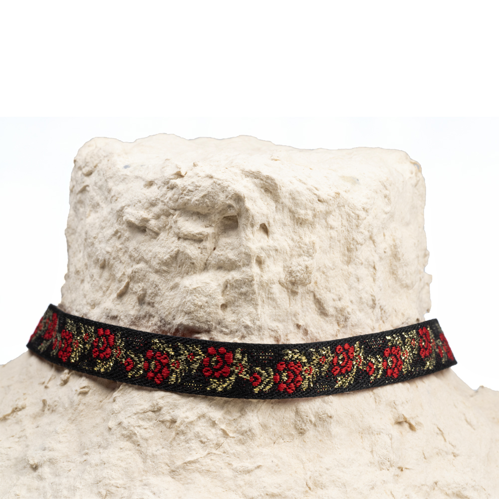 CrisFeather Cherry Chicha choker textil negru cu roșu