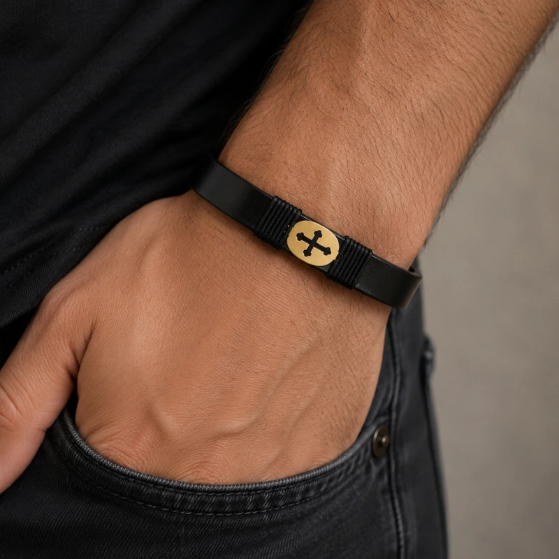 Margeluta.dincristal Cruce link decupaj bratara piele neagra aur 14k