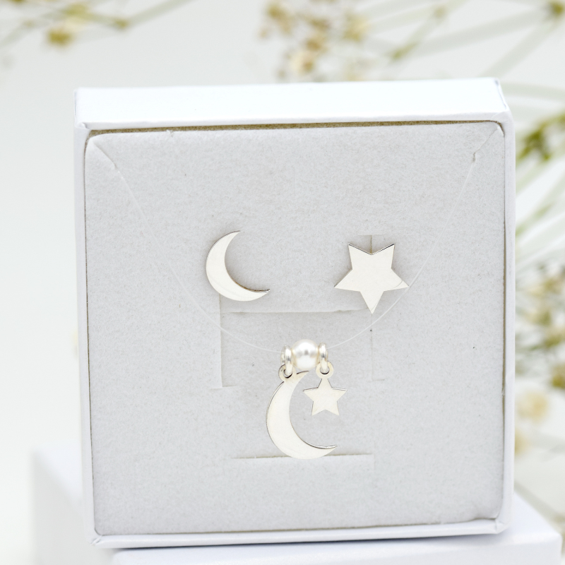 Margeluta din cristal set Luna si Stea argint lant + cercei