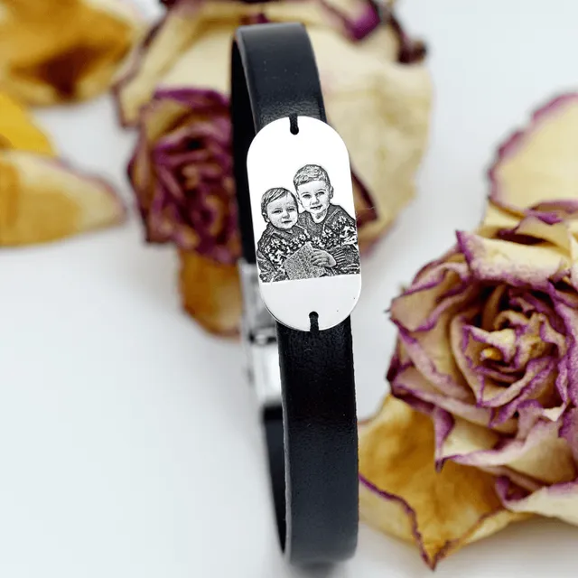 Margeluta Bratara piele personalizata portret argint 925 cadou barbati