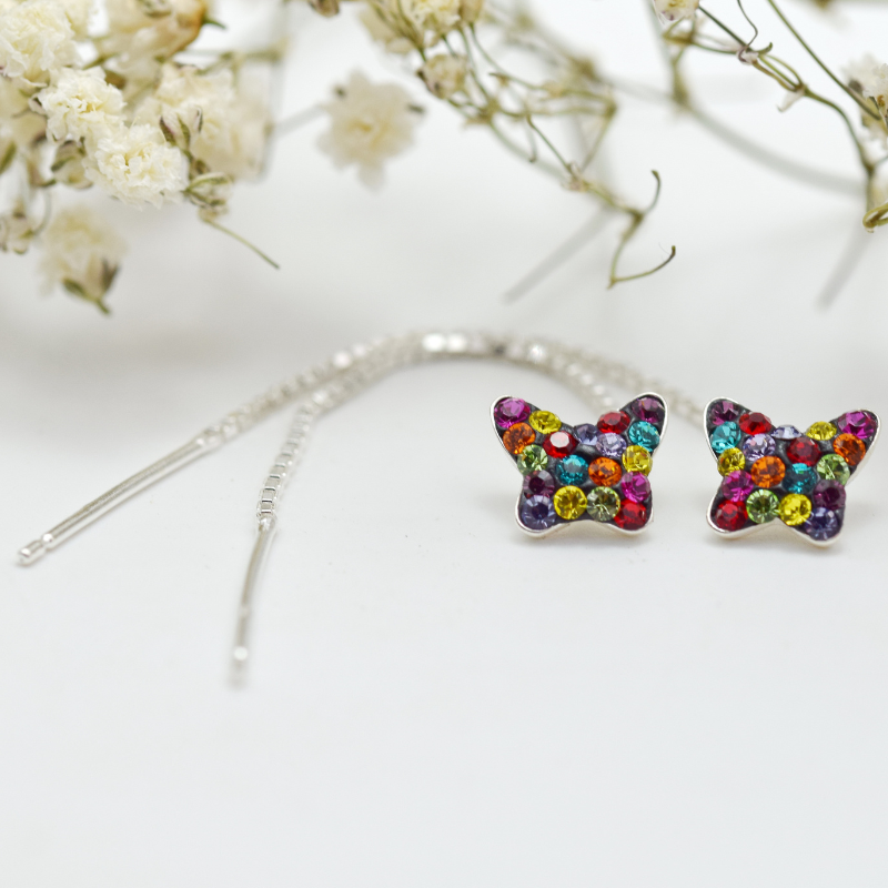 Margeluta.dincristal Mini Butterfly fluturas cercei argint multicolori