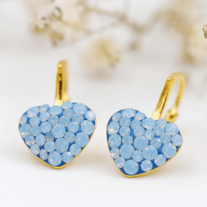 Margeluta.dincristal inimioare cercei argint aurit blue opal 10 mm