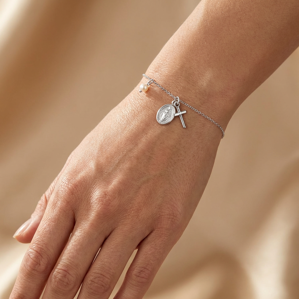 Engelsrufer Maria bratara argint 925 cruce perla