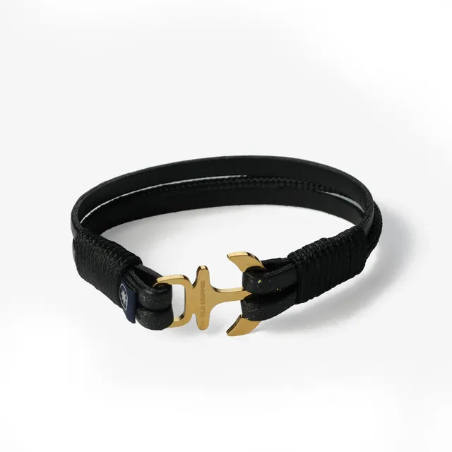 Old Skipper Golden Mariners bratara piele neagra Anchor M 18cm