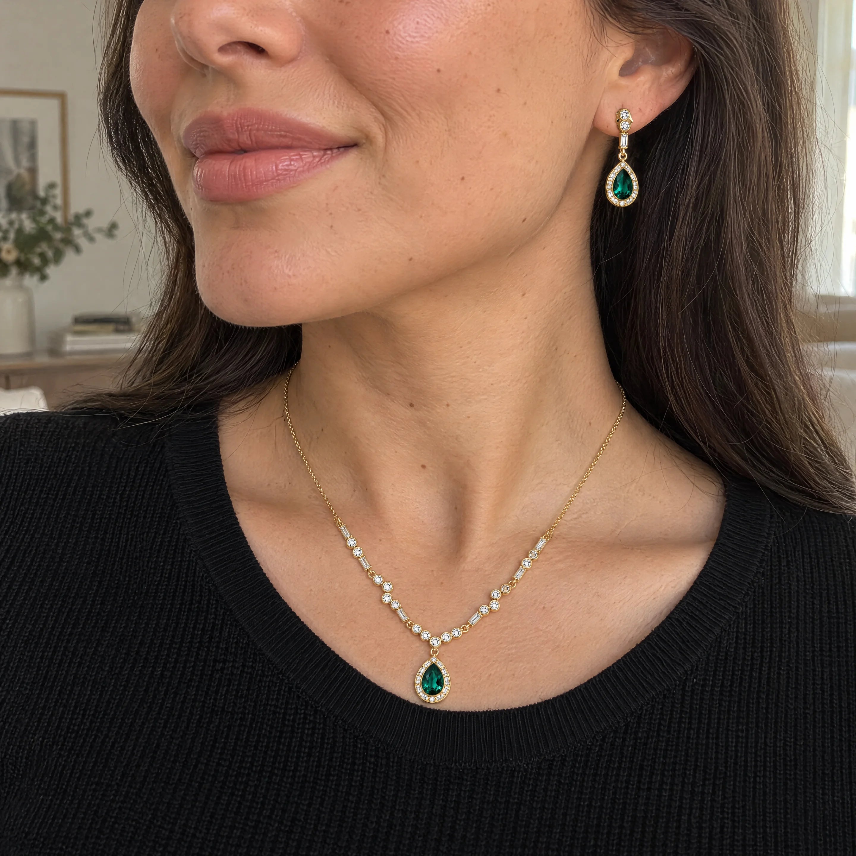 Rafini Emerald Tear set oțel pandantiv verde
