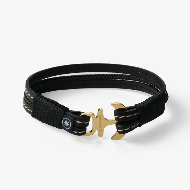 Old Skipper Midnight Elegance brățară piele neagră ancoră aurie