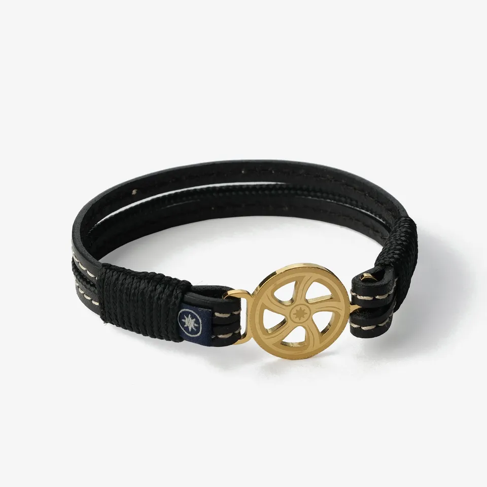 Old Skipper Midnight Elegance brățară piele Wheel negru-auriu