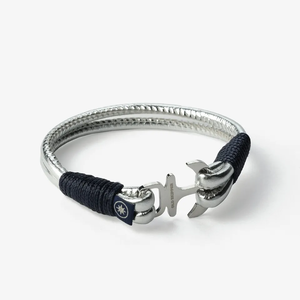 Old Skipper Captain Silver Sea bratara piele ancora bleumarin