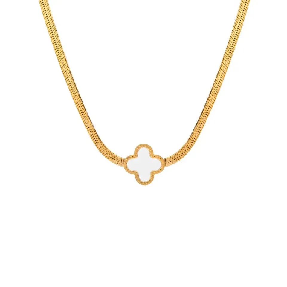 Rafini Royal Clover lantisor alb placat aur 18K