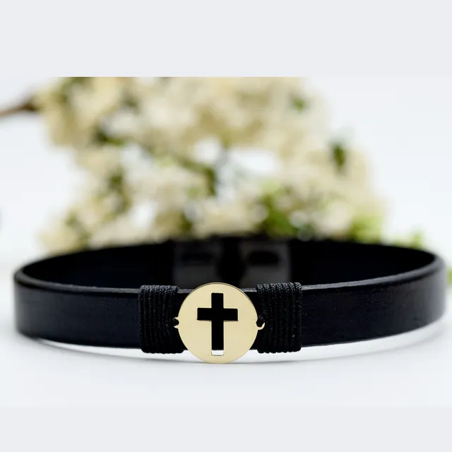 Margeluta.dincristal Cruce bratara piele banut aur 14k