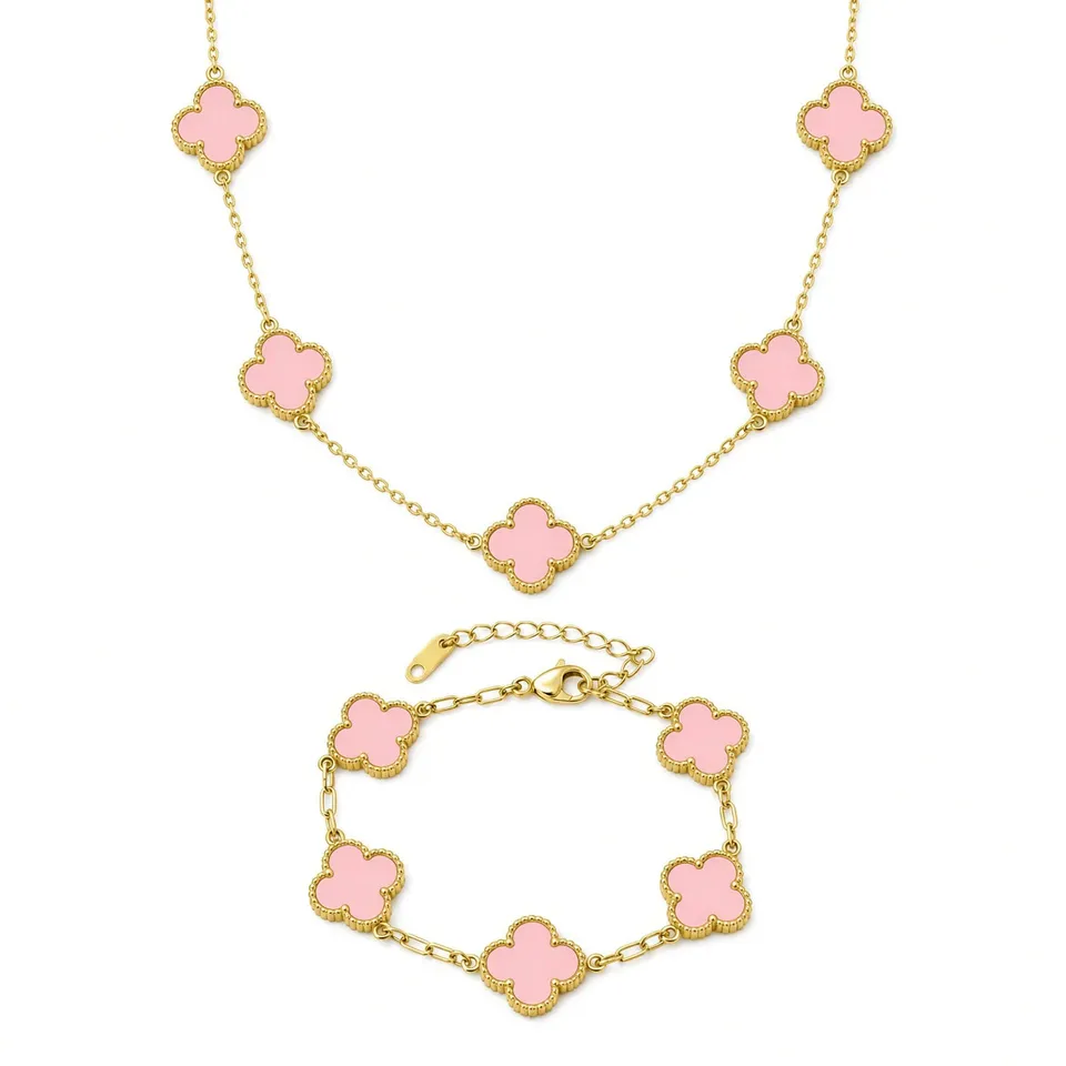 Rafini Flower set bratara + colier auriu roz placat aur