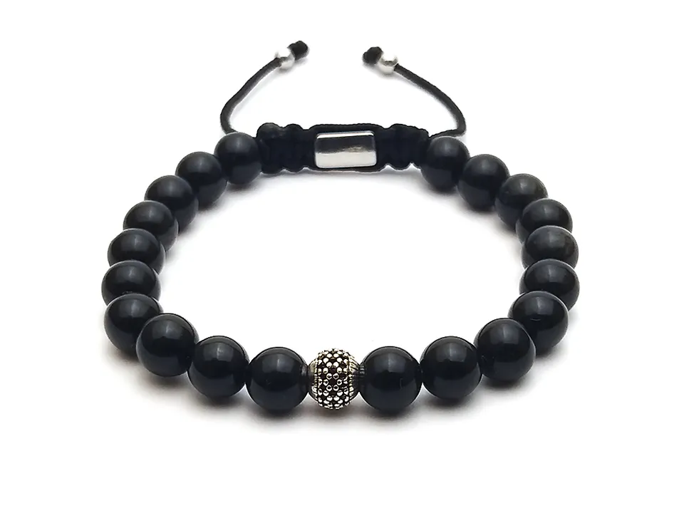 Dualstax Obsidian brățară argint 8mm reglabilă