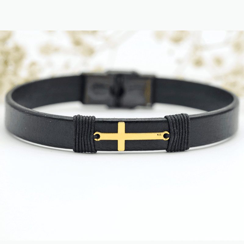 Margeluta.dincristal Cruce bratara piele argint aurit