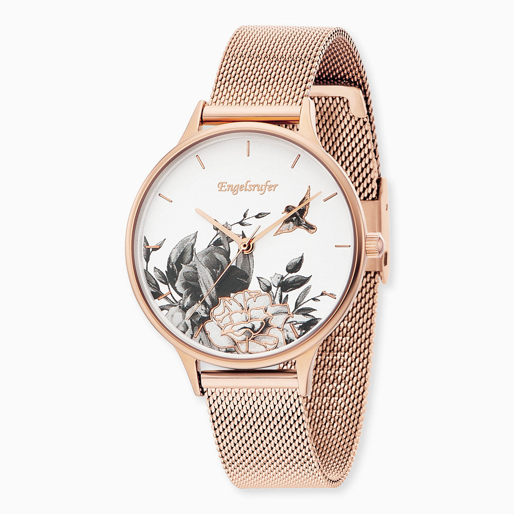 Engelsrufer Romantic Garden Blume ceas damă mesh roz-auriu