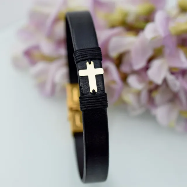 Margeluta.dincristal Cruce brățară piele aur 14k reglabilă