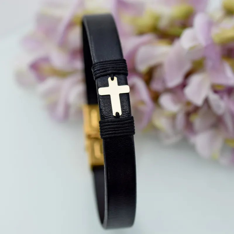 Margeluta.dincristal Cruce brățară piele aur 14k reglabilă