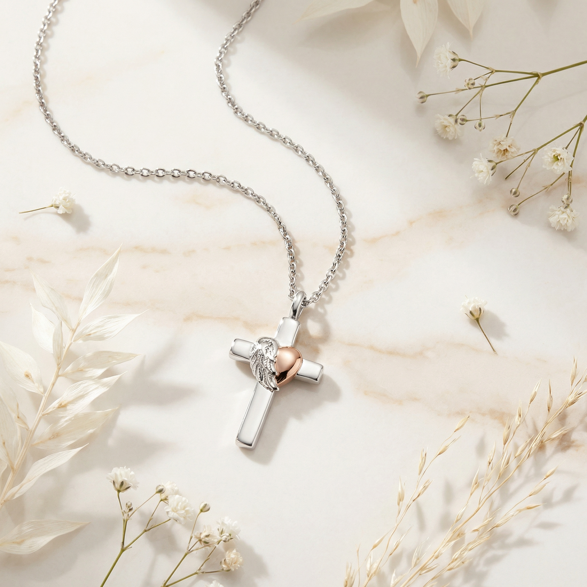 Engelsrufer With Love colier cruce aripi inima bicolor argint
