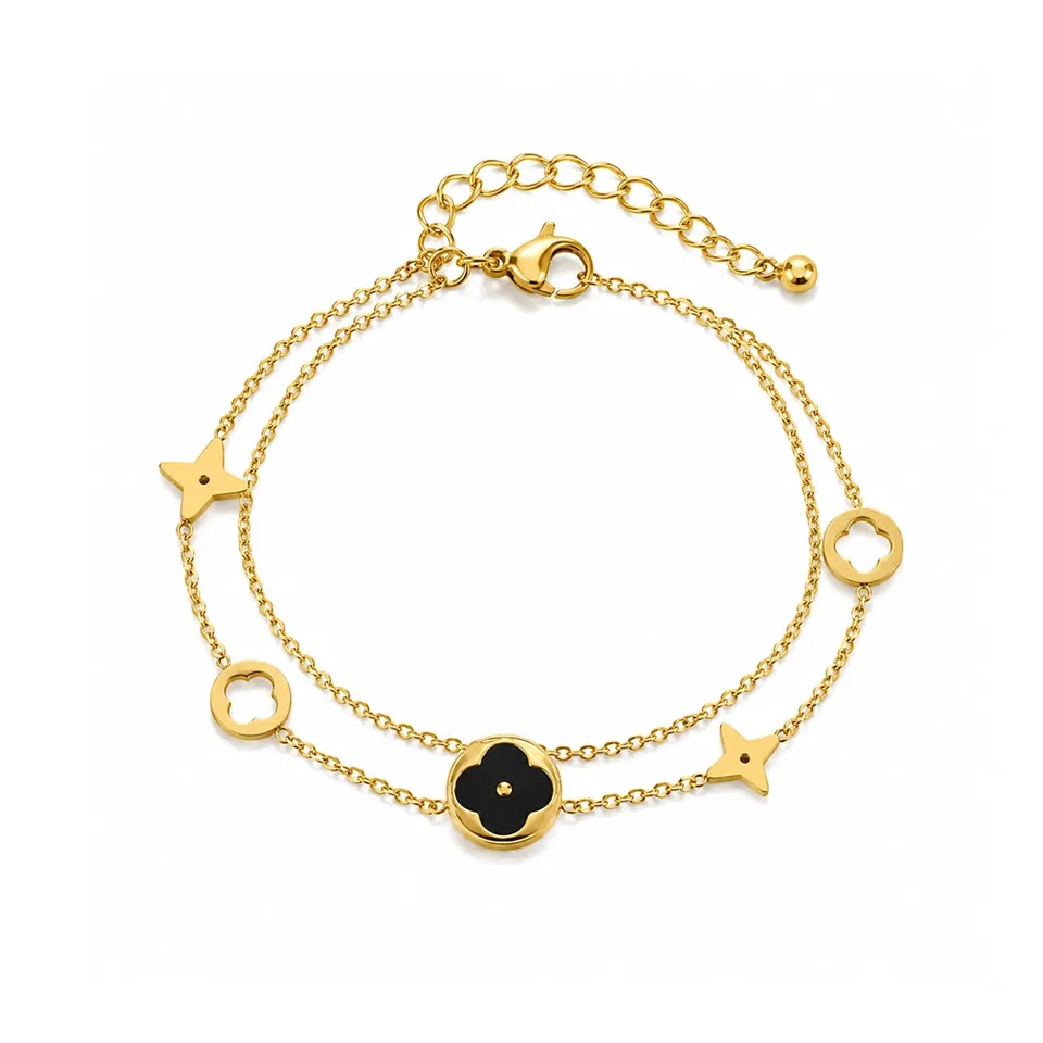 Rafini Star Petals Black bratara reglabila 18K