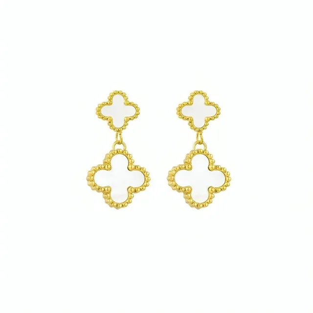 Rafini Double Clover cercei albi placati aur 18K