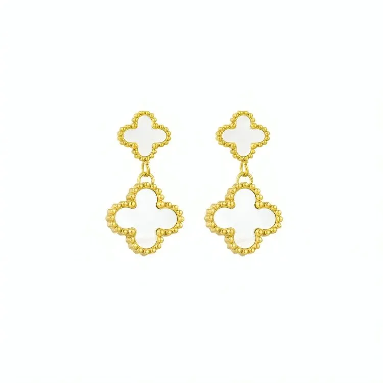 Rafini Double Clover cercei albi placati aur 18K