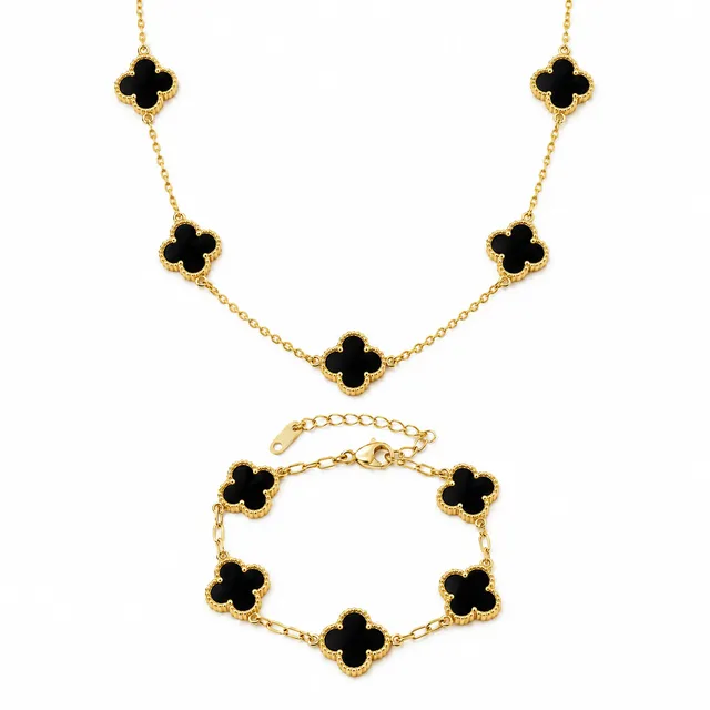 Rafini Flower Negru set bratara + colier auriu placat aur