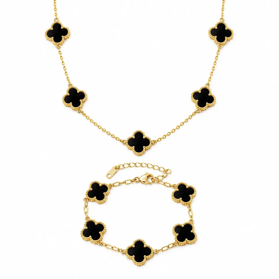 Rafini Flower Negru set bratara + colier auriu placat aur