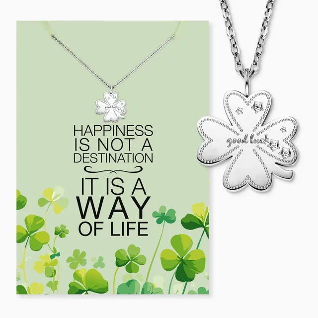 Colier MySteel trifoi zirconia oțel Happiness cu felicitare