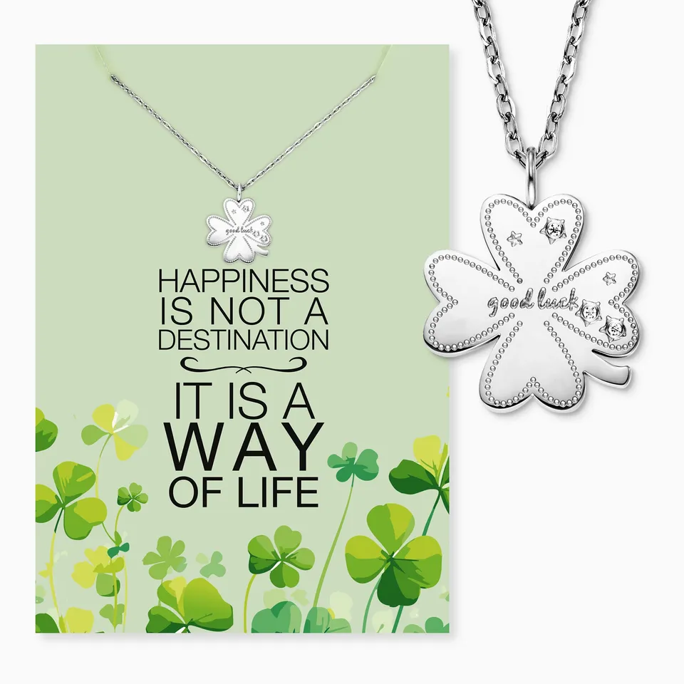 Colier MySteel trifoi zirconia oțel Happiness cu felicitare