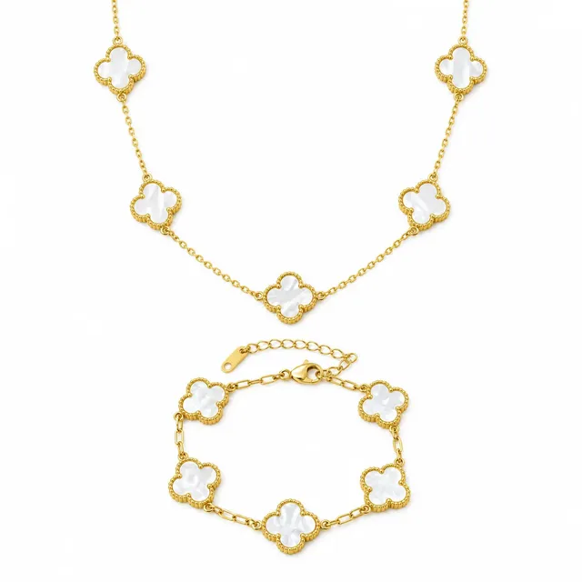 Rafini Flower Alb set colier + bratara auriu placat 18K