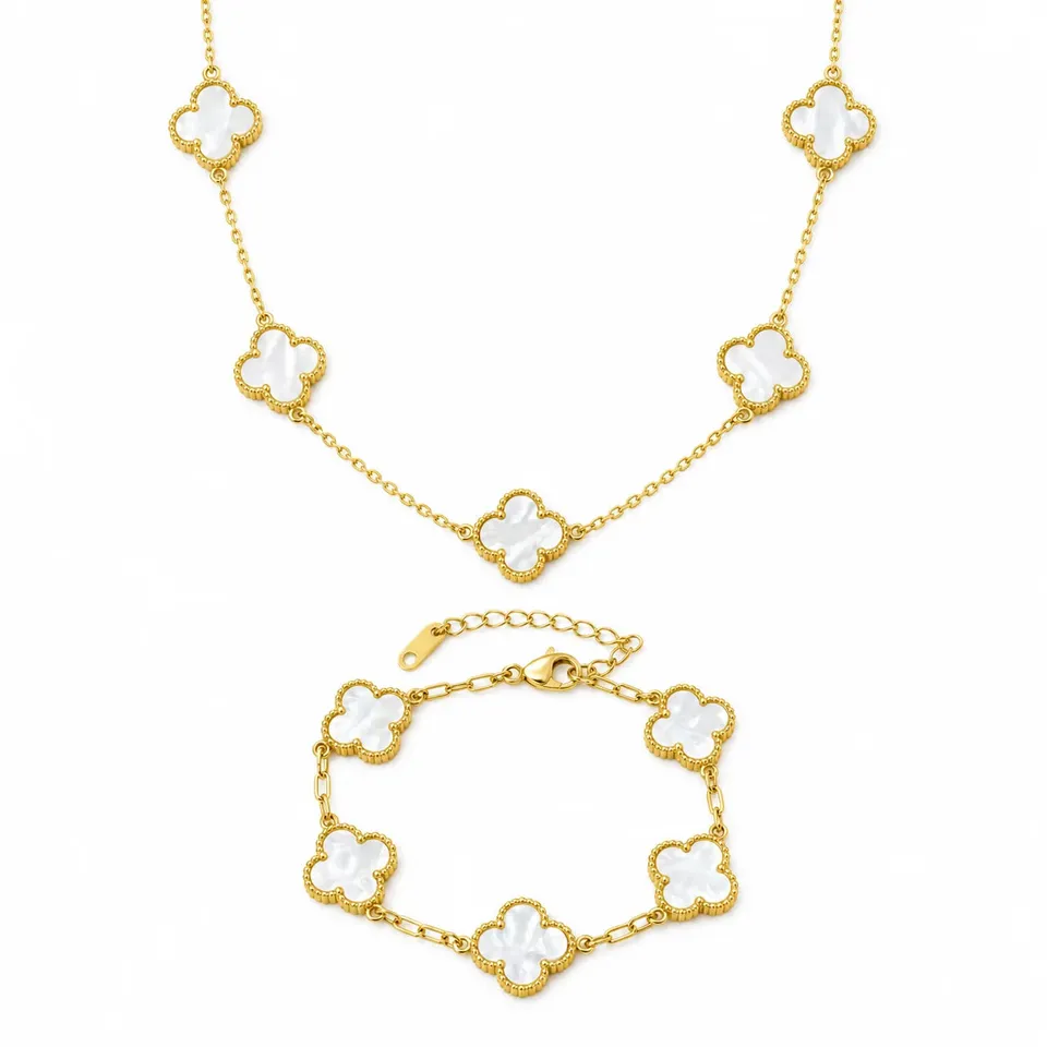 Rafini Flower Alb set colier + bratara auriu placat 18K