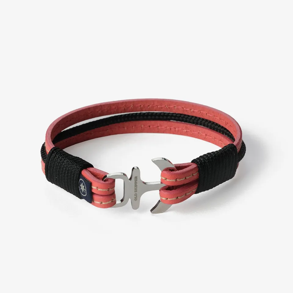 Old Skipper Coral Breeze Anchor bratara piele roz cusuta negru
