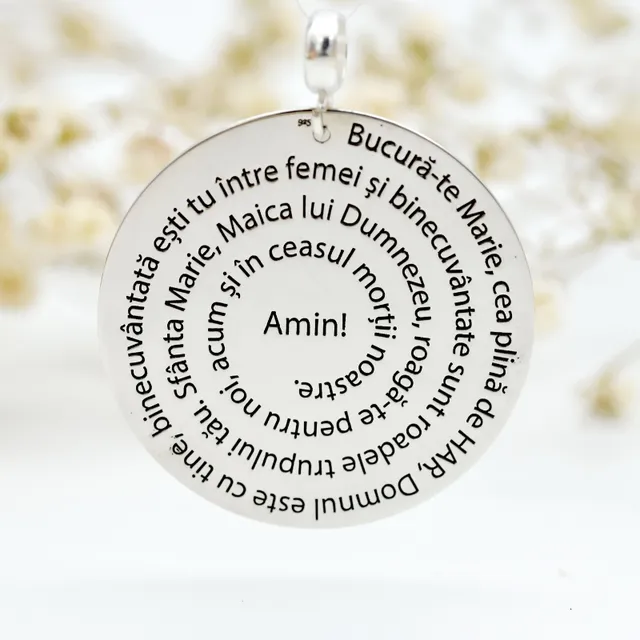 Margeluta Bucură-te Marie medalion bănuț argint 925 2 cm