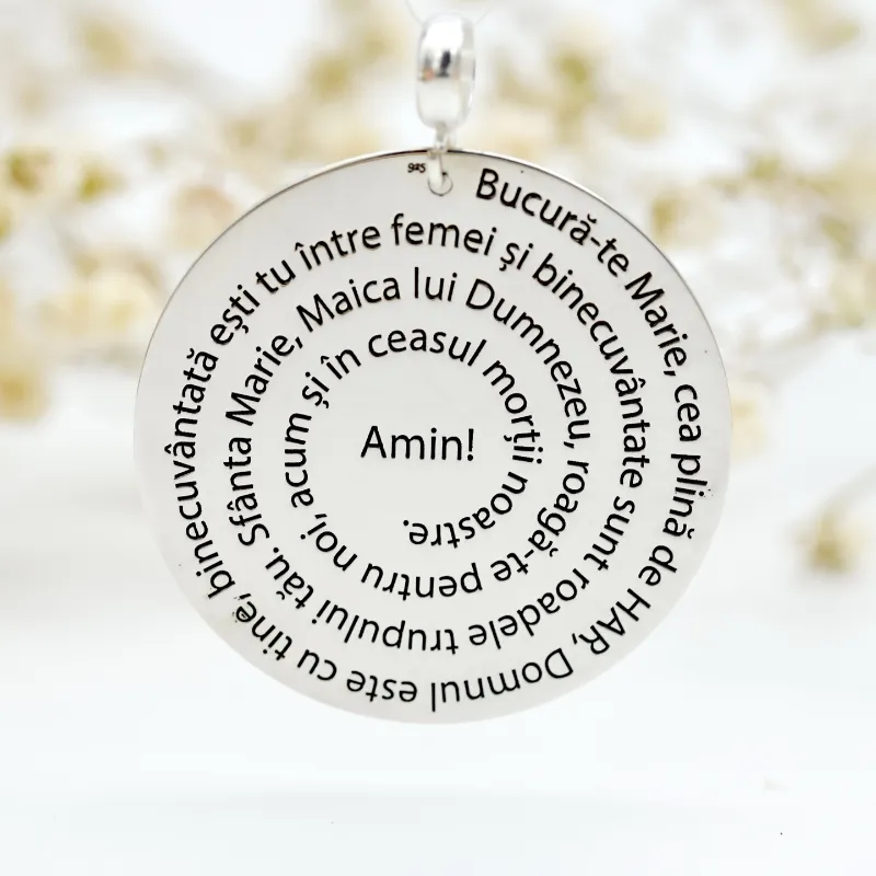 Margeluta Bucură-te Marie medalion bănuț argint 925 2 cm